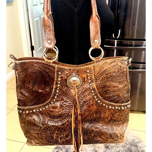 American West Tooled Embossed Brown Leather Bag Concho Accents Fringe Western - Picture 1 of 10